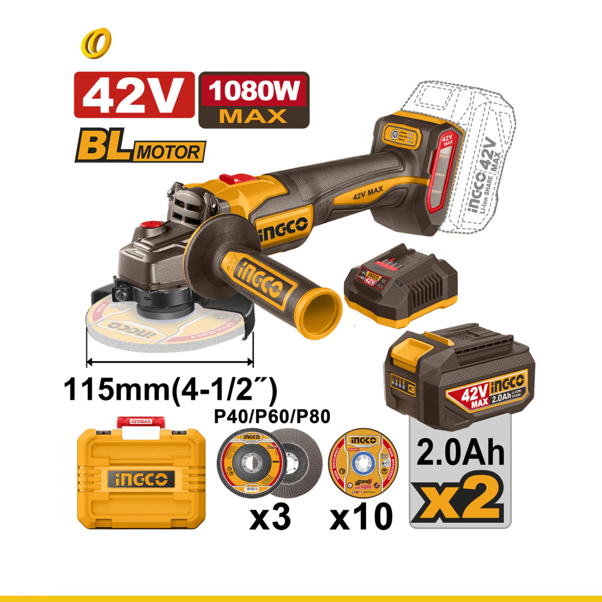 Pulidora INGCO 20V 4-1/2" 9000RPM + Discos de Corte UCAGLI2120252