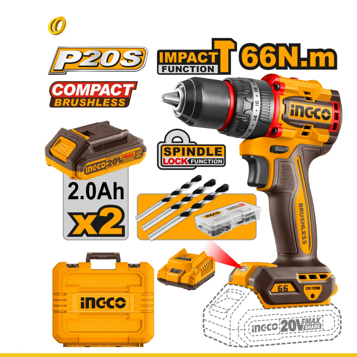Taladro inalámbrico de Impacto 1/2 20V 66Nm INGCO UCIDLI20668