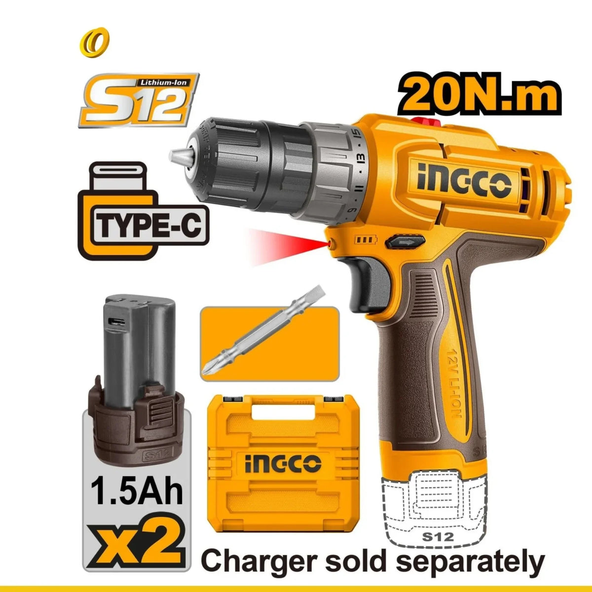 Taladro Inalámbrico DE ROTACIÓN 12V INGCO 20Nm 2 Velocidades + 2 Baterías 1.5Ah CDLI12206