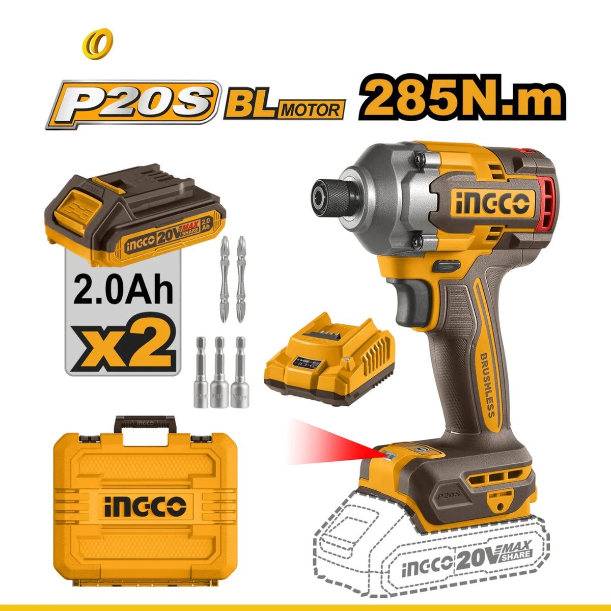 Driver 20V M1/4 0-2600Rpm 0-2900Bpm 285Nm Con 2 Baterias y Cargador INGCO UCIRLI2028