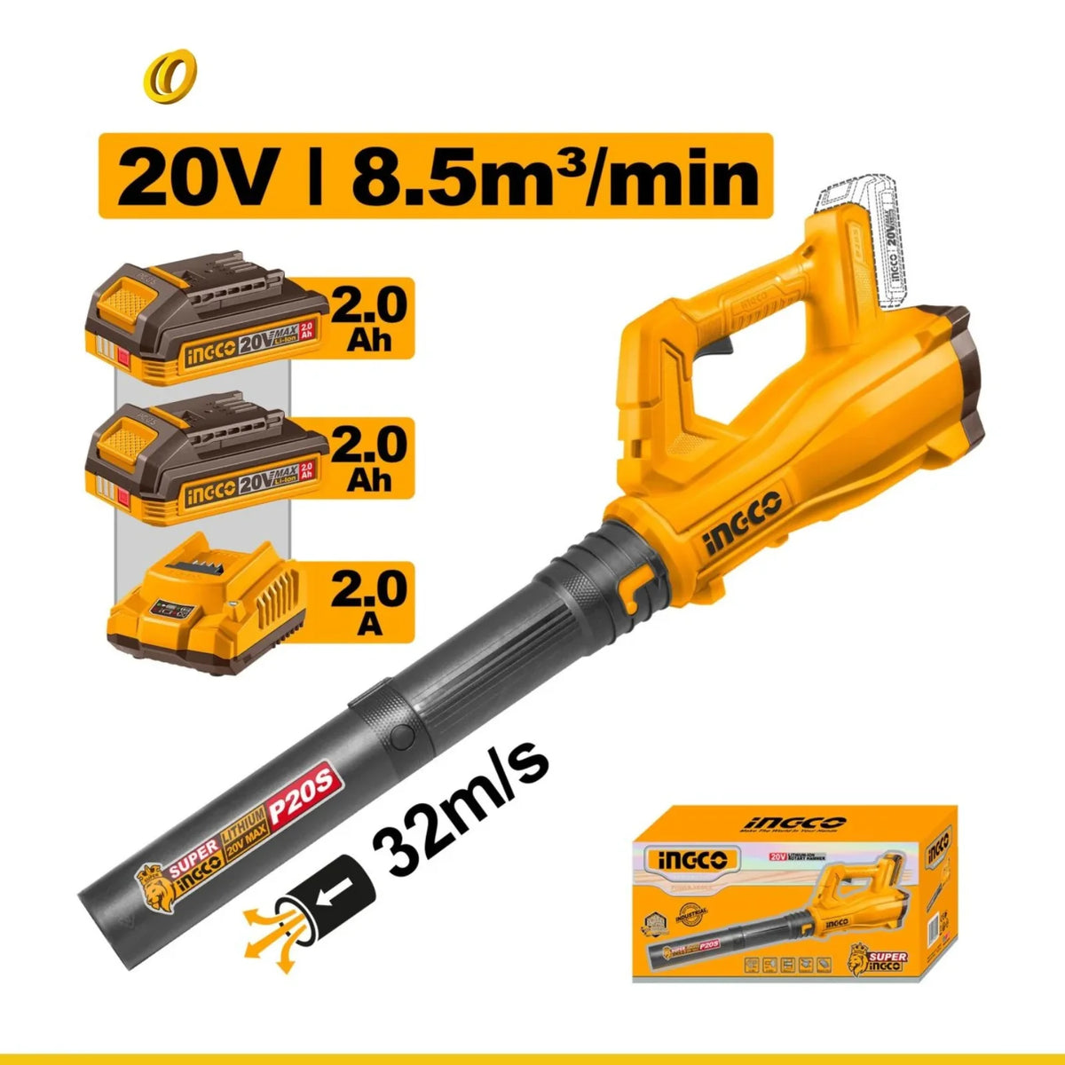 Sopladora INGCO 20V 15000RPM Soplador de Hoja y Aire 115km/h UCABLI203232