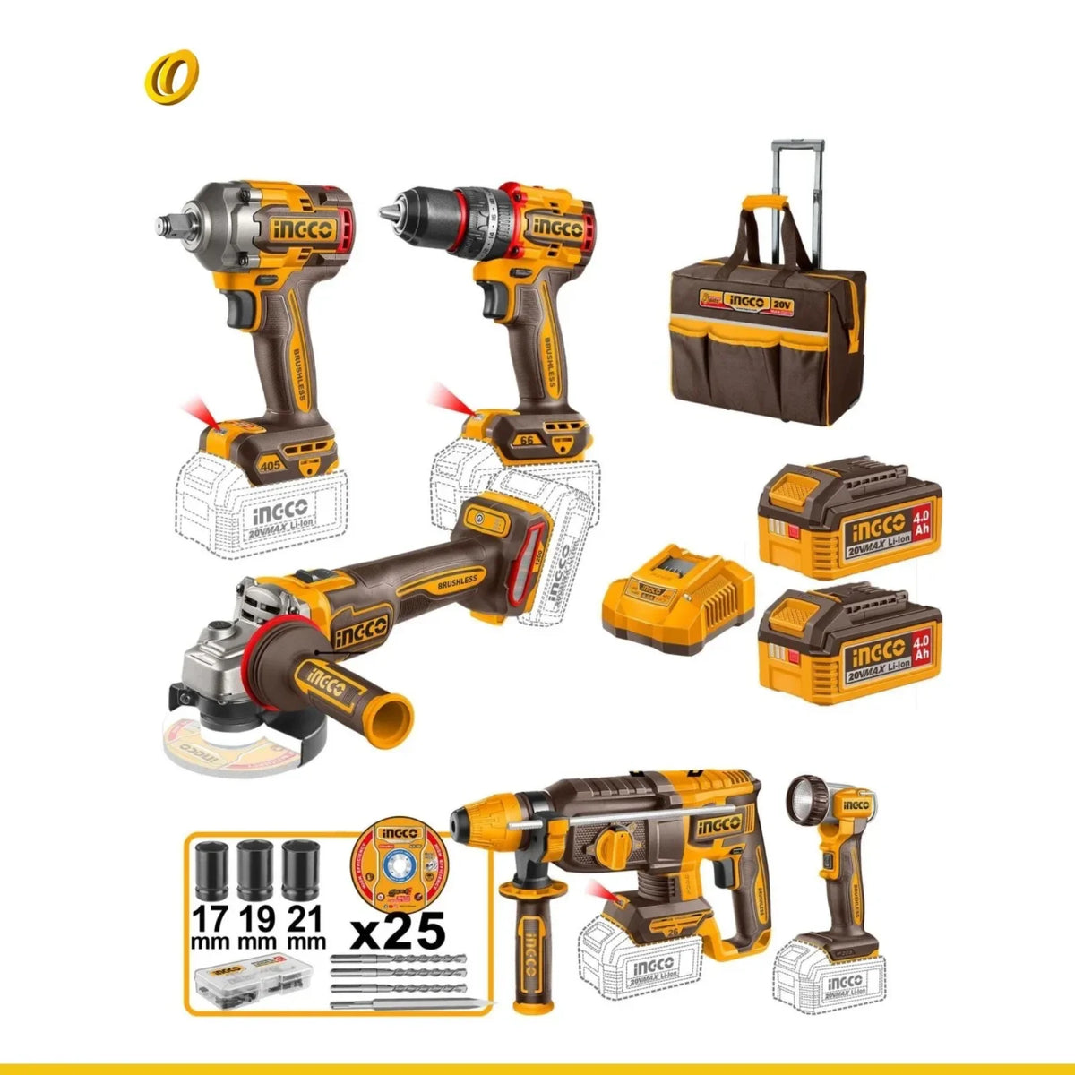 Combo 20V 1 Taladro De Impacto 1/2, Pulidora, Llave De Impacto, Rotomartillo, Lampara, Uckli20595